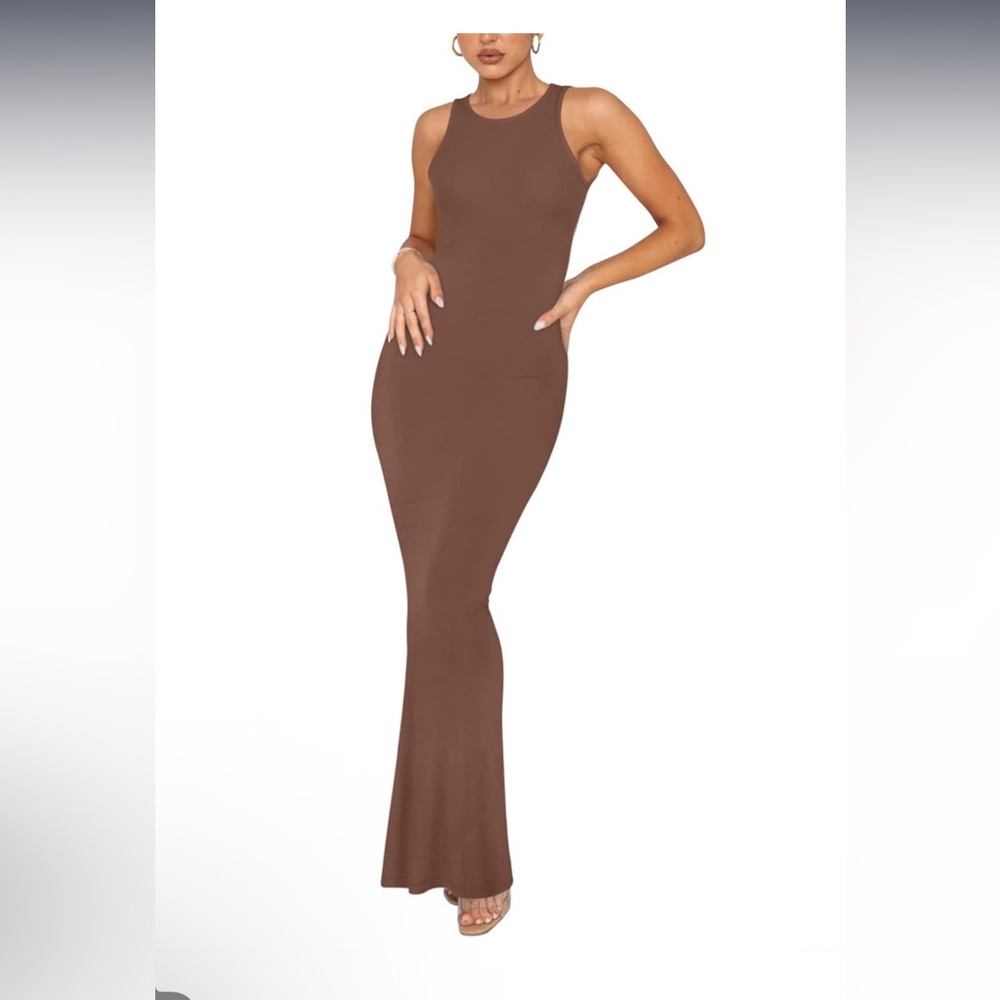 NWT Reoria Ultra soft ribbed Bodycon Elegant Brown Maxi Dress Size Small